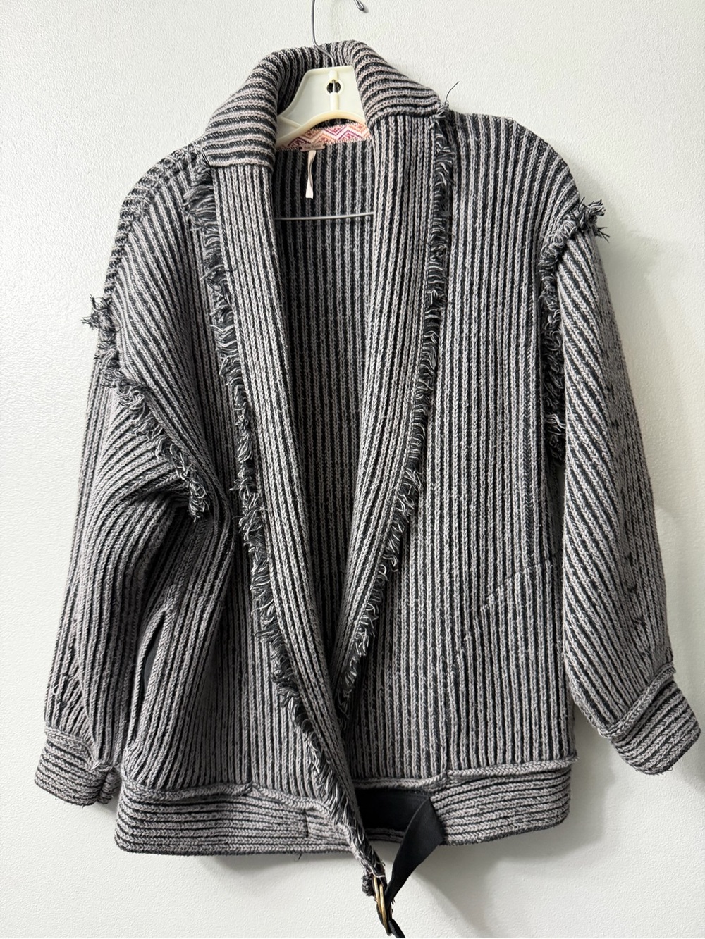 Free People Stand By Me chunky ribbed knit cardigan shawl collar with raw fringe - Picture 2 of 6